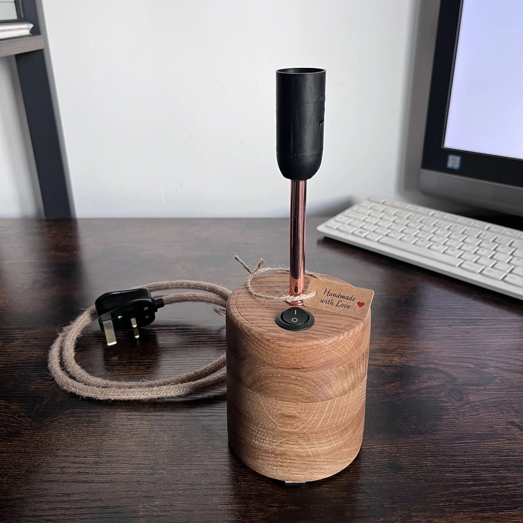 Turned Solid Oak Cylindrical Table Lamp 2.webp