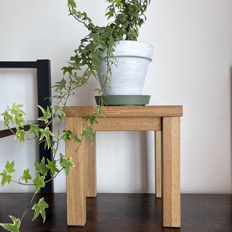 Miniature Solid Oak Stool Plant Stand | Rustic Wooden Display Riser - Compact Timber Window Sill Pedestal UK