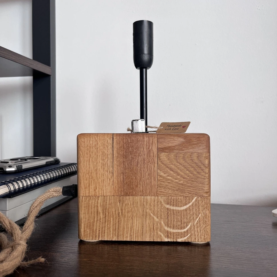 Rectangular Reclaimed Oak Eco Table Lamp | Sustainable Solid Timber Block Desk Light & Rustic Bedside Nightlight UK
