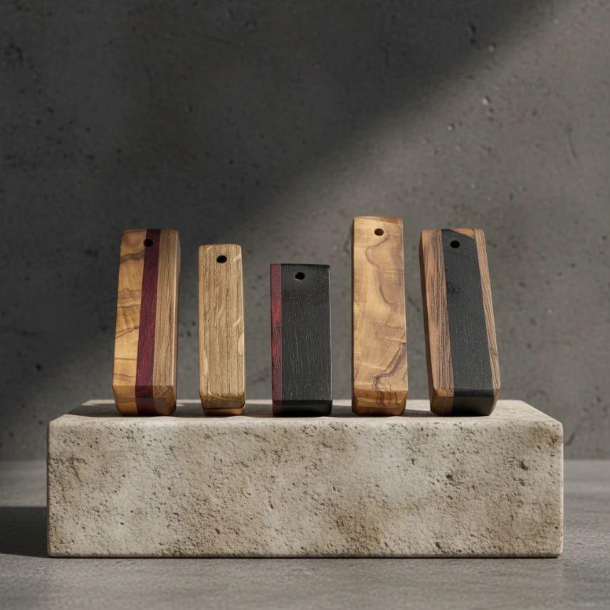Wooden Keyring Set of 5 Hardwood Mix