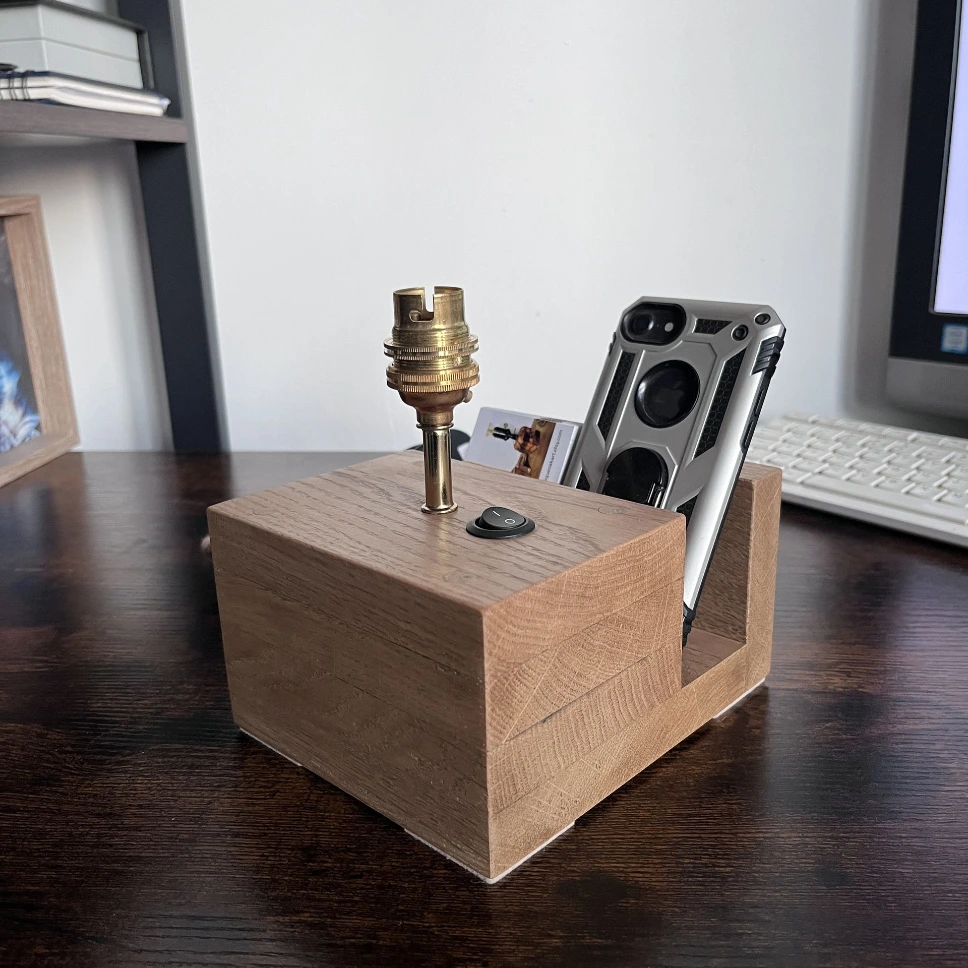 Handmade Oak Desk Lamp with Business Card Holder